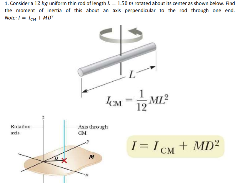 Solved 1. Consider a 12 kg uniform thin rod of length L =