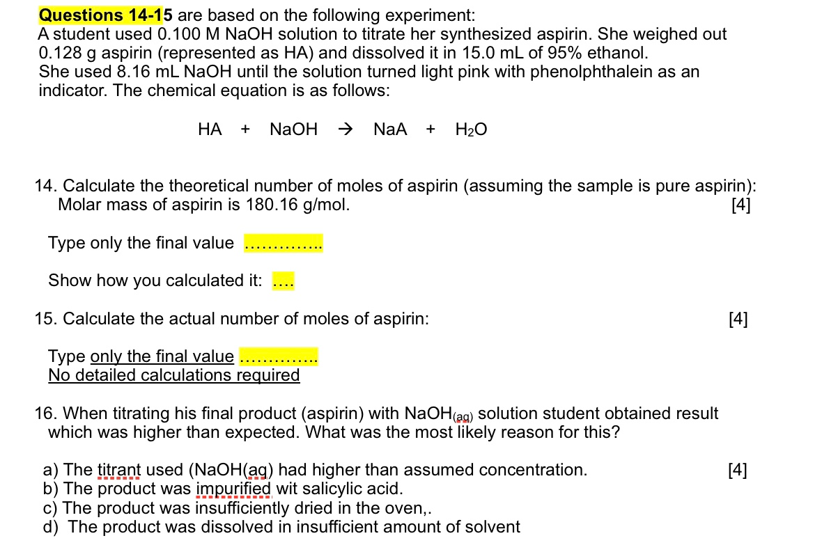 Solved A student used 0.100 M NaOH solution to titrate her