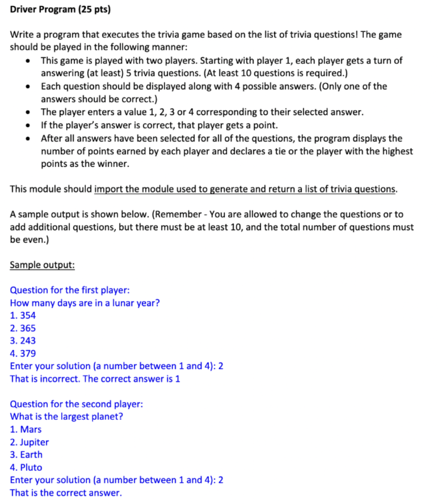 Solved Python Exercise 8 Trivia Game - Questions Class (15 | Chegg.com