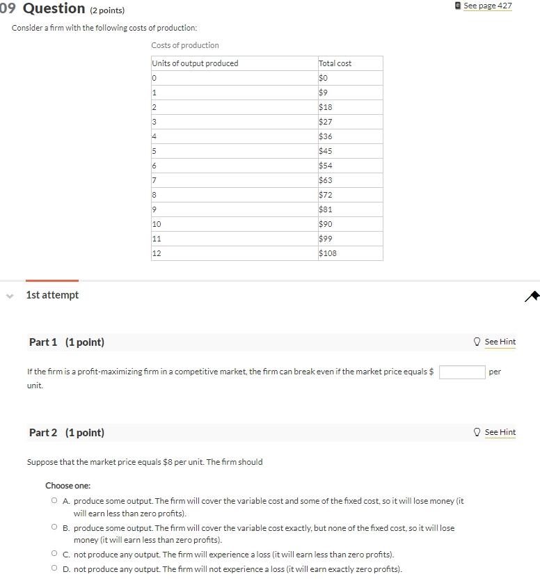 See page 427 09 Question (2 points) Consider a firm | Chegg.com