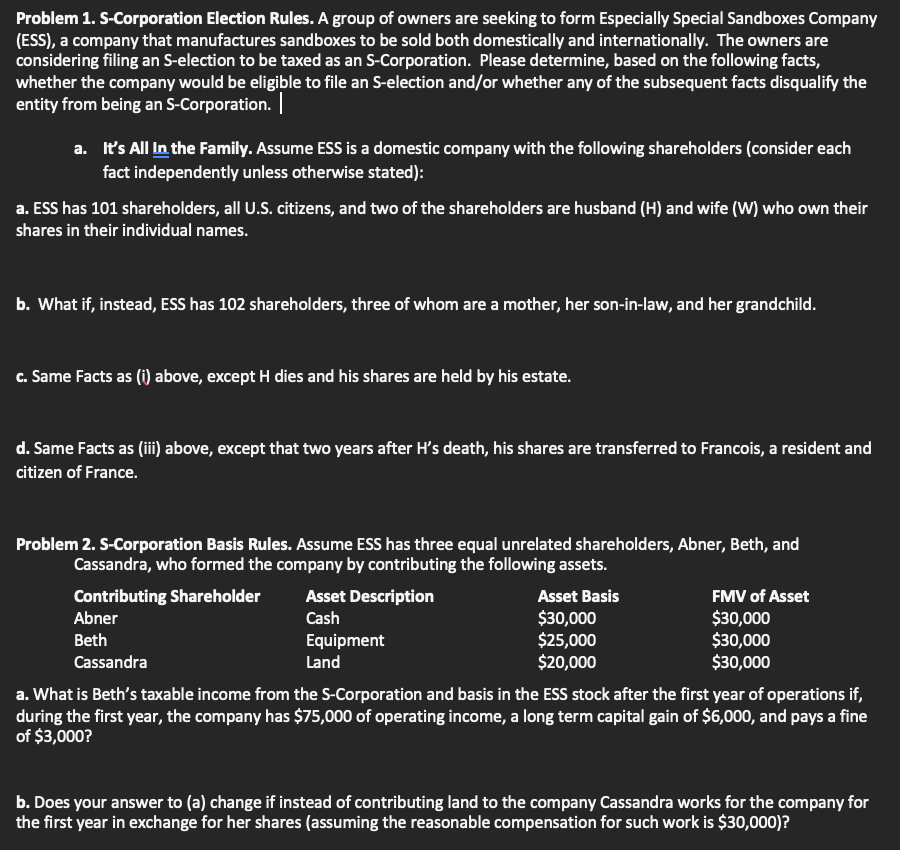 Problem 1. S-Corporation Election Rules. A group of | Chegg.com