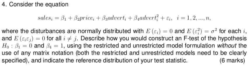 Solved 4. Consider The Equation Sales; = B1 + B2price; + | Chegg.com