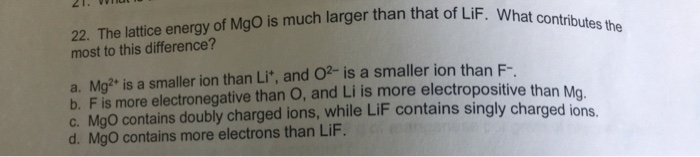 Solved 22. The lattice energy of MgO is much larger than | Chegg.com