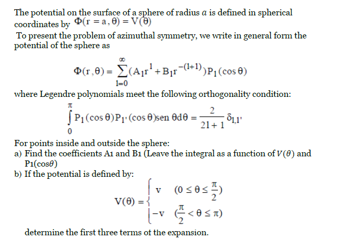 Solved The potential on the surface of a sphere of radius a | Chegg.com