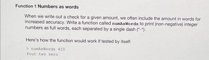 Solved Function 1 Numbers as words When we write out a check | Chegg.com
