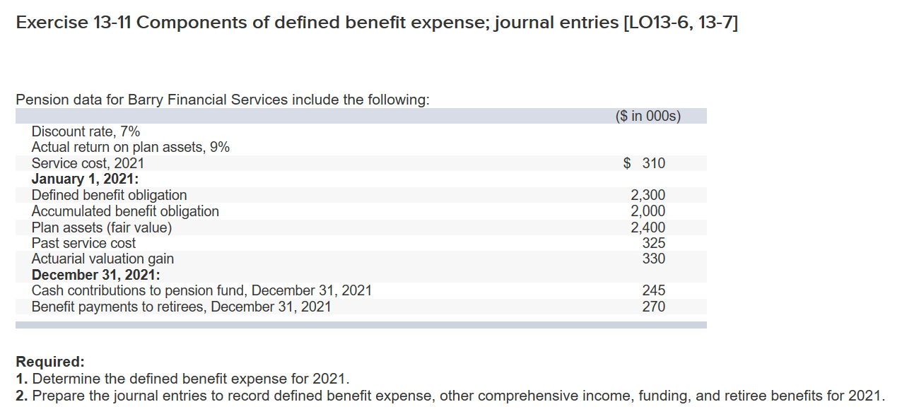 Exercise 13-11 Components Of Defined Benefit Expense; | Chegg.com