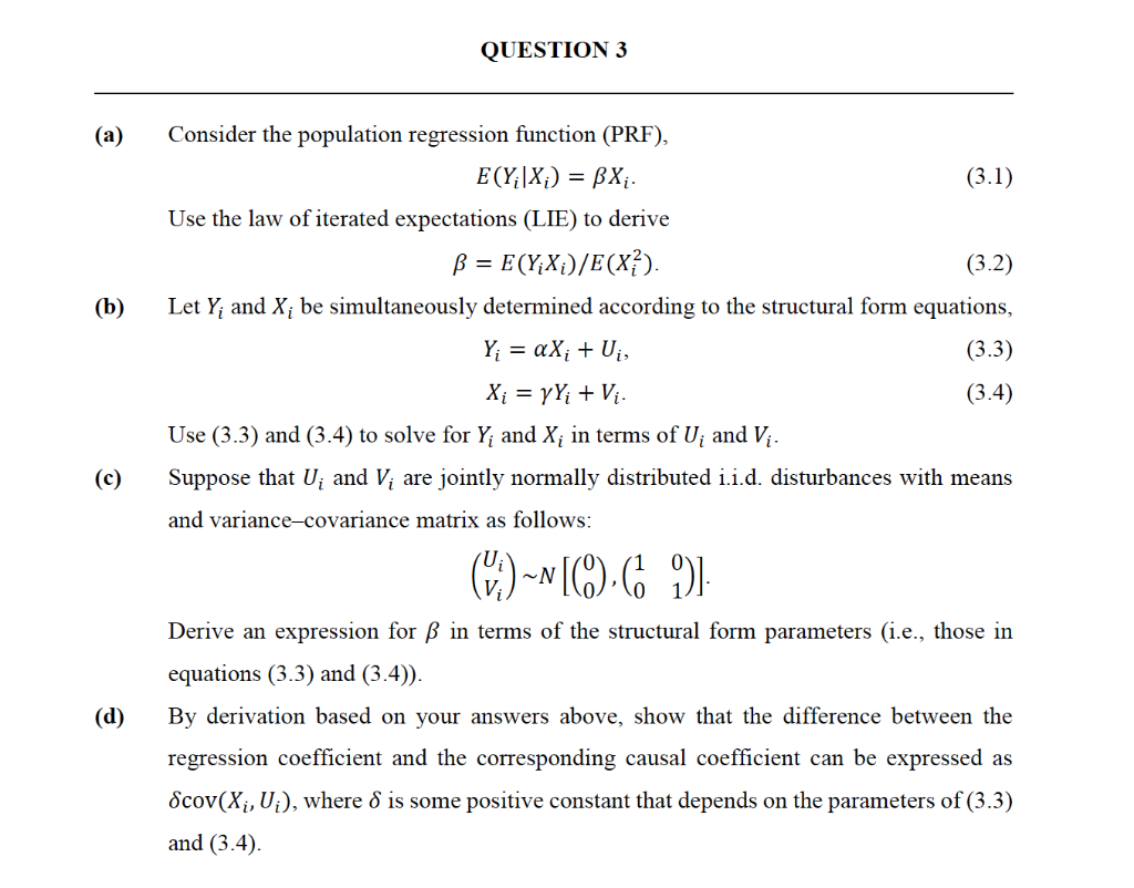 QUESTION 3 (a) (b) Consider the population regression | Chegg.com