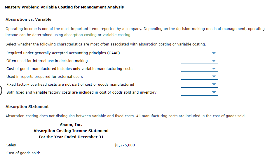 Solved Mastery Problem Variable Costing for Management