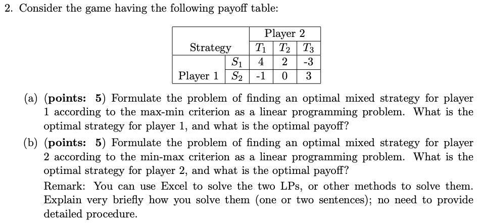Solved 2. Consider the game having the following payoff | Chegg.com