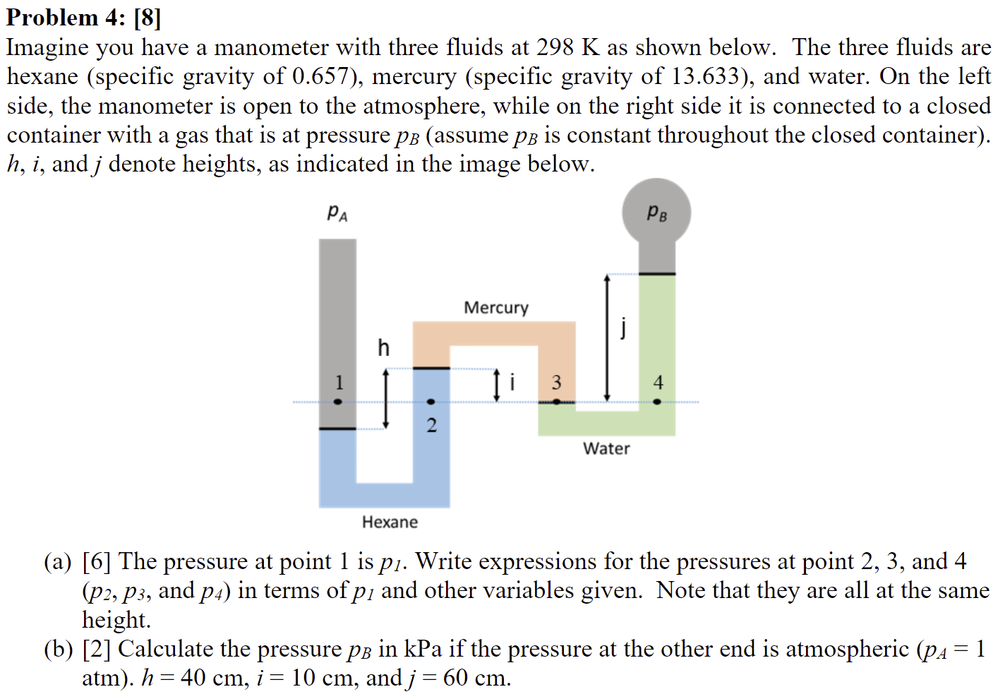Solved Imagine you have a manometer with three fluids at 298 | Chegg.com