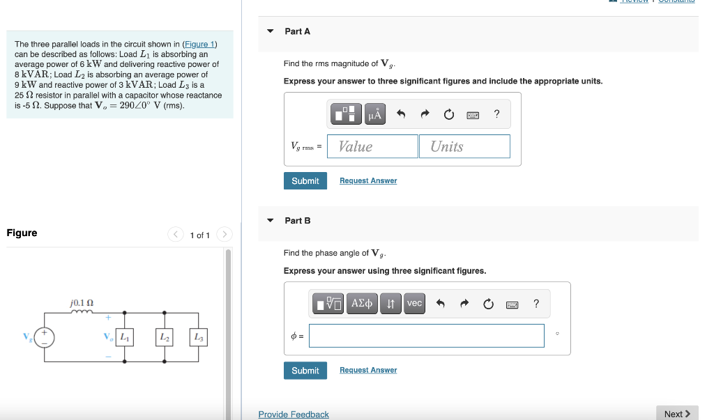 Solved wordt Part A The three parallel loads in the circuit | Chegg.com