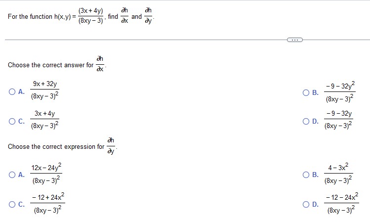 Solved For The Function H X Y 8xy−3 3x 4y Find ∂x∂h And