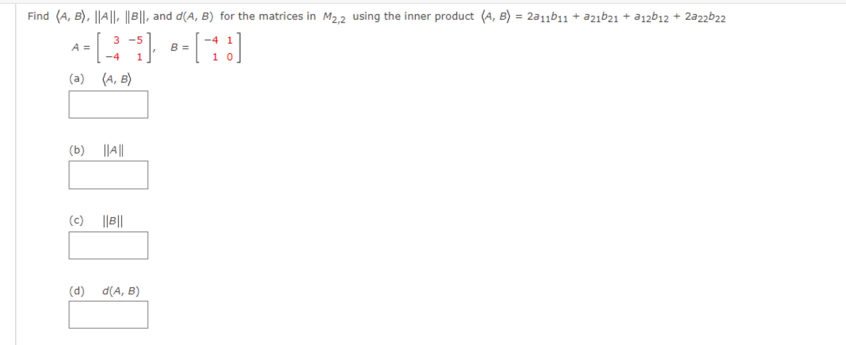 Solved Find (:A,B:),||A||,||B||, ﻿and D(A,B) ﻿for The | Chegg.com