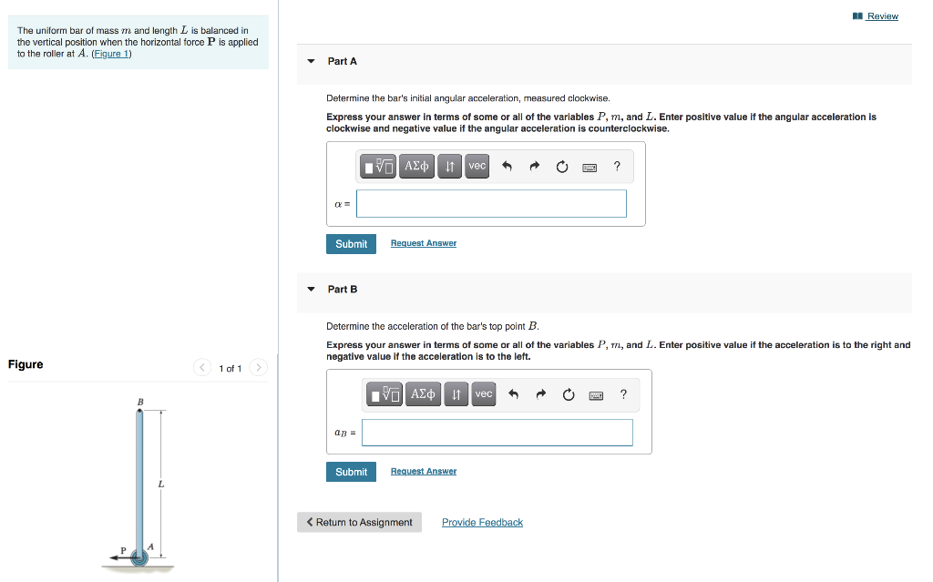 Solved A Review The uniform bar of mass m and length L is | Chegg.com
