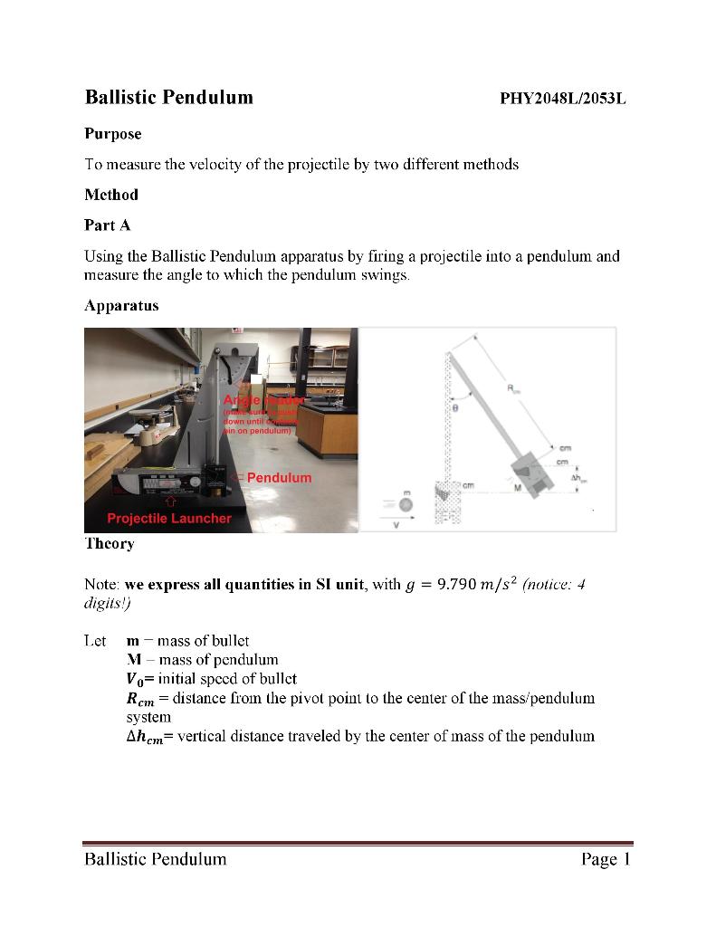 Solved Ballistic Pendulum PHY2048L/2053L Purpose To measure | Chegg.com