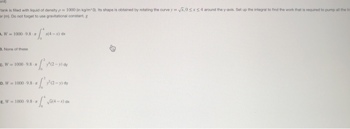 Solved set up the integral to find the work that is required | Chegg.com