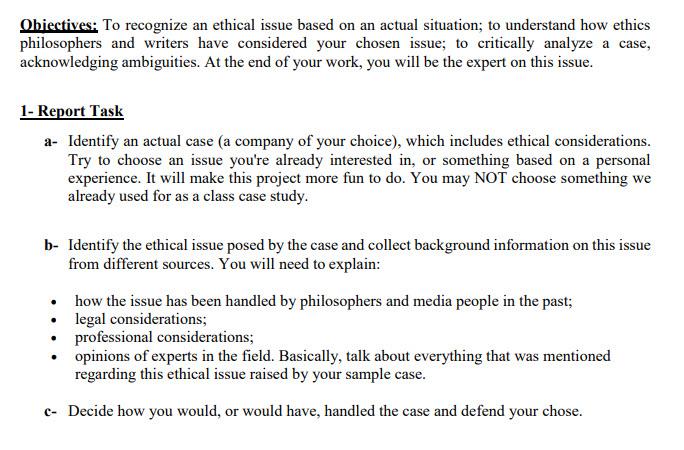Solved Obiectives: To recognize an ethical issue based on an | Chegg.com