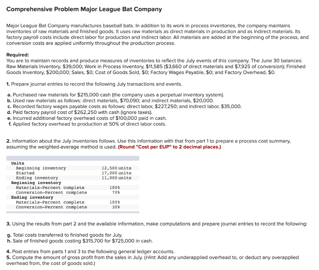 Comprehensive Problem Major League Bat Company Major | Chegg.com