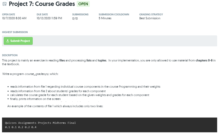 Solved Project 7: Course Grades OPEN OPEN DATE 10/7/2020 | Chegg.com