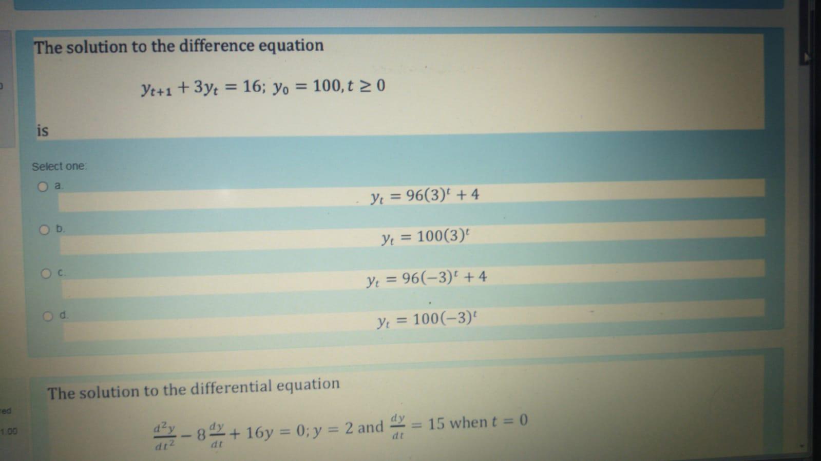 Solved The solution to the difference equation Yt+1 + 3yt = | Chegg.com