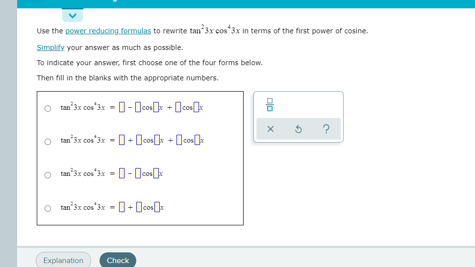 Solved Use the power reducing formulas to rewrite tan^2 3x | Chegg.com