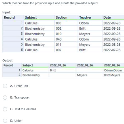 Which tool can take the provided input and create the provided output?
Innat:
Outnut:
A. Cross Tab
B. Transpose
C. Text to Co