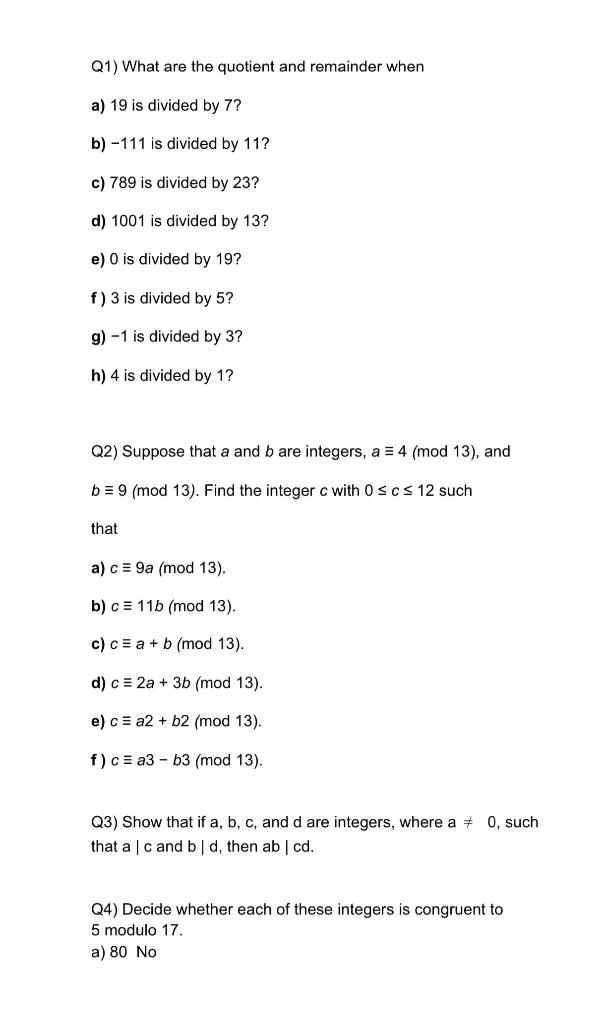 Solved Q1 What Are The Quotient And Remainder When A 1