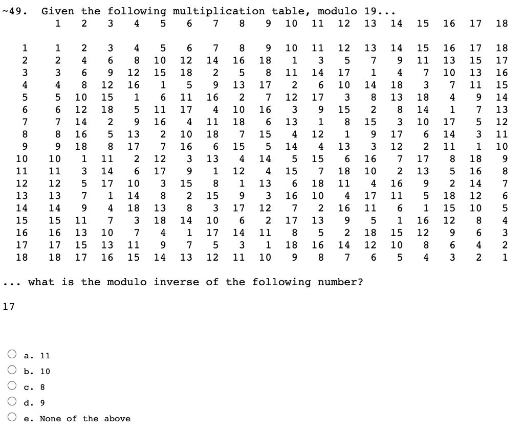 Solved -49. Given the following multiplication table, modulo ...