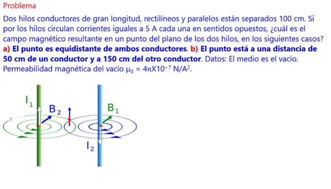 Problema Dos hilos conductores de gran longitud, rectilíneos y paralelos están separados \( 100 \mathrm{~cm} \). Si por los h