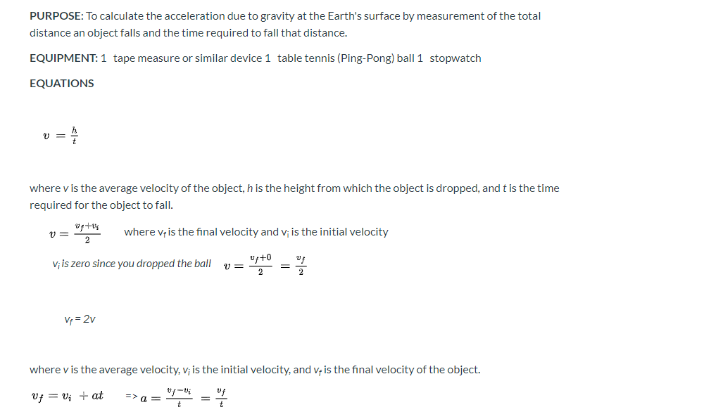 acceleration due to gravity lab answers falling object