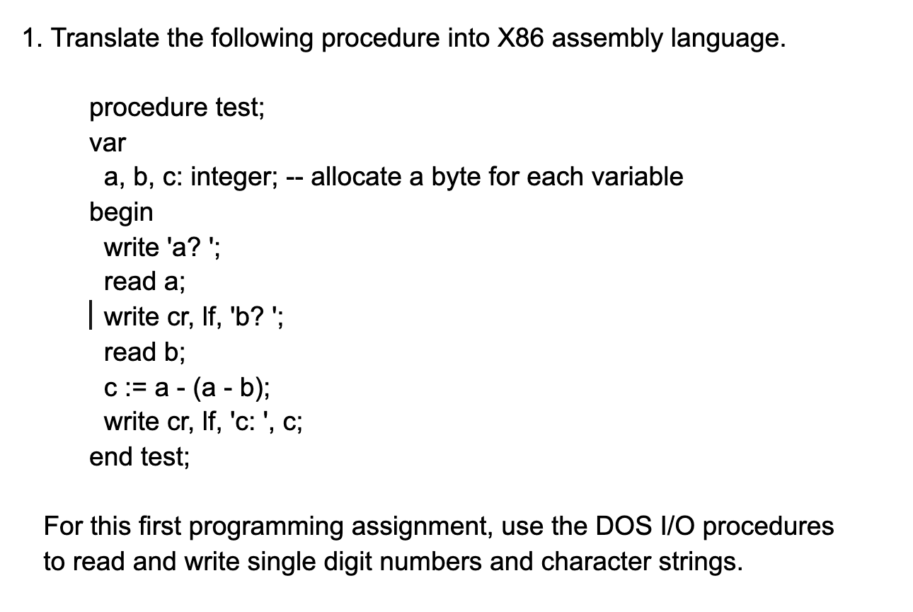 Solved 1. Translate the following procedure into X86 | Chegg.com