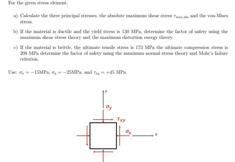 Solved For the given stress element, a) Calculate the three | Chegg.com