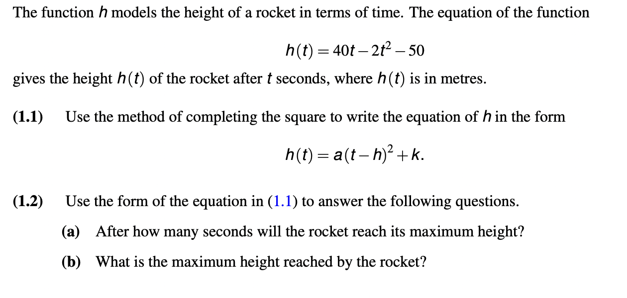 Solved The function h models the height of a rocket in terms | Chegg.com