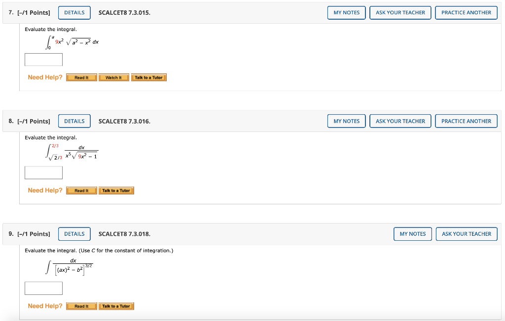 Solved 1. (-/2 Points) DETAILS SCALCET8 7.3.002. MY NOTES | Chegg.com