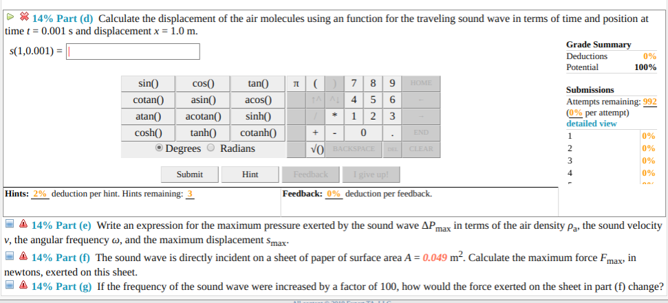 Solved ** 14% Part (d) Calculate the displacement of the air | Chegg.com