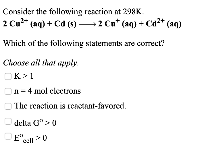 Solved Consider The Following Reaction At 298k 2 Cu2 Aq