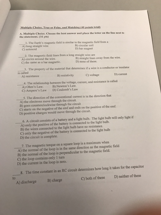 Solved Choose the best answer and place the letter on the | Chegg.com