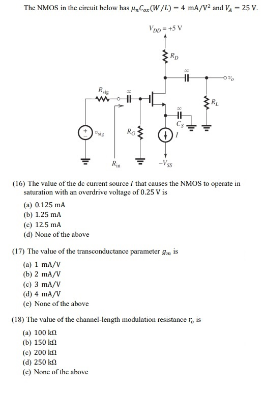 Solved The Nmos In The Circuit Below Has Un Cox W L 4 Chegg Com