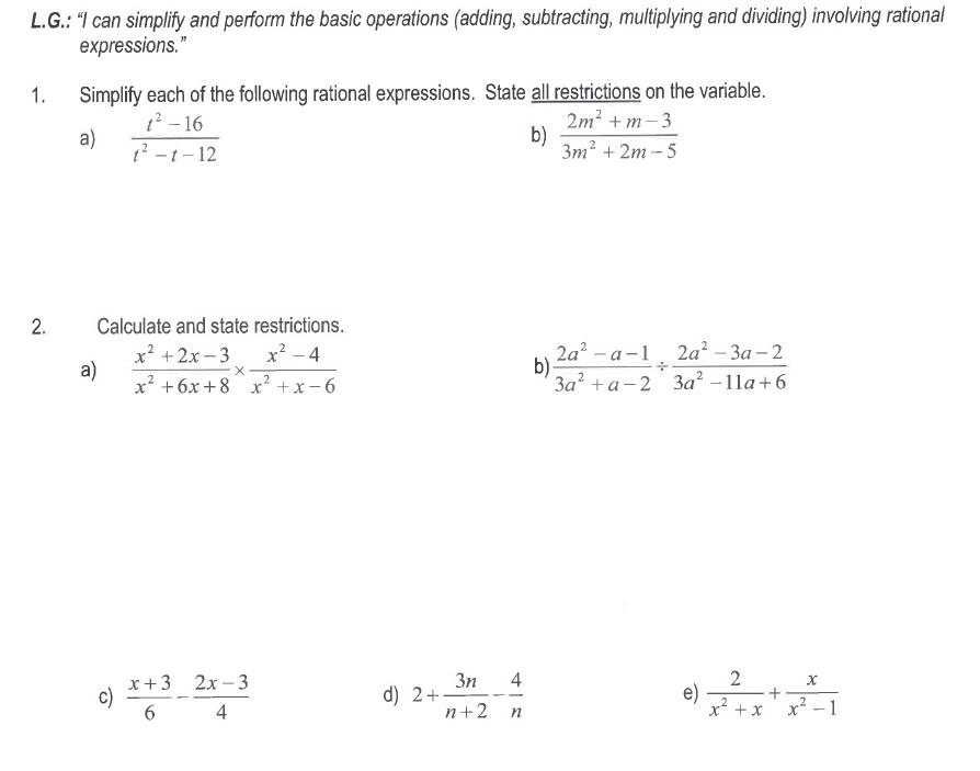 Solved L.G.: "I can simplify and perform the basic | Chegg.com