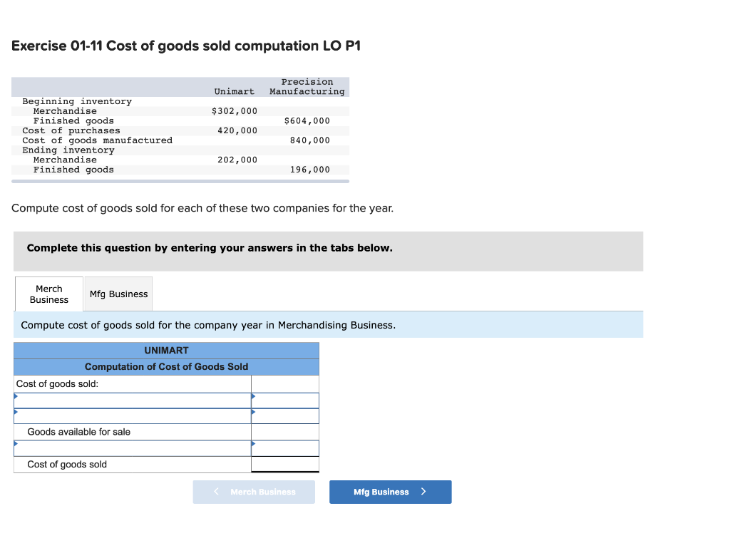 Solved Exercise 01-11 Cost Of Goods Sold Computation LO P1 | Chegg.com