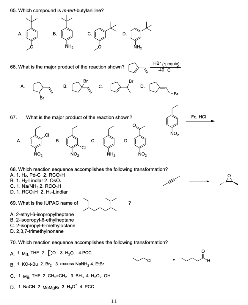 Solved 65. Which Compound Is M-tert-butylaniline? Nh2 66. 