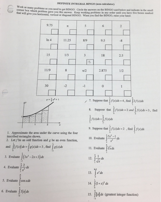 Solved DEFINITE INTEGRAL BINGO (nos-calcalator) as many | Chegg.com