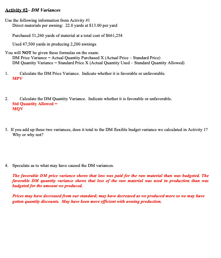Solved Activity #2-DM Variances Use the following | Chegg.com