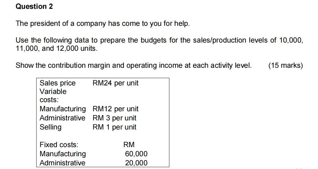 Solved Question 2 The President Of A Company Has Come To You | Chegg.com