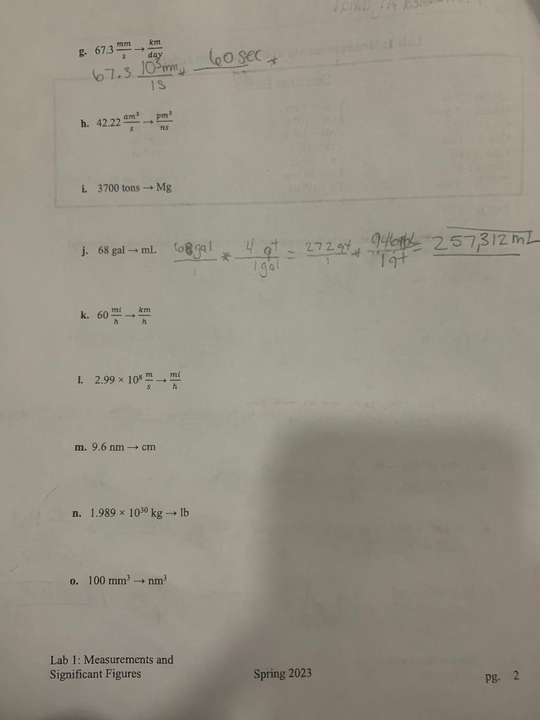 Solved g. 67.3smm→daykm 67.31 s103 mm∗ h. 42.22sam3→nspm3 i. | Chegg.com