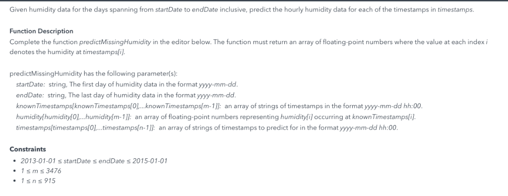 Given humidity data for the days spanning from startDate to endDate inclusive, predict the hourly humidity data for each of t