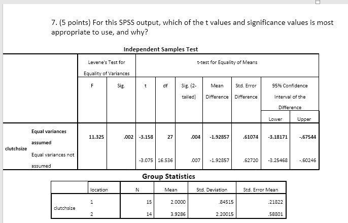 Solved 7. (5 points) For this SPSS output, which of the t | Chegg.com