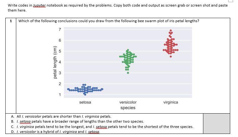 Write codes in Jupyter notebook as required by the problems. Copy both code and output as screen grab or screen shot and past