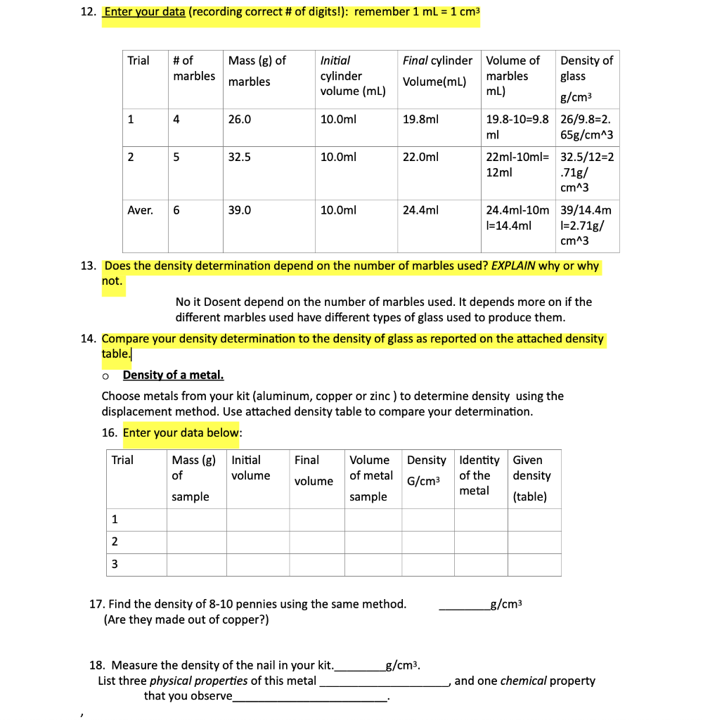 Solved 9 Enter Your Data Sample Volume Ml Mass G Tem Chegg Com