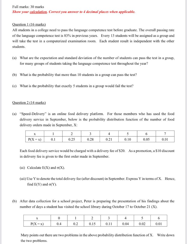 Solved Full marks: 30 marks Show your calculation. Correct | Chegg.com